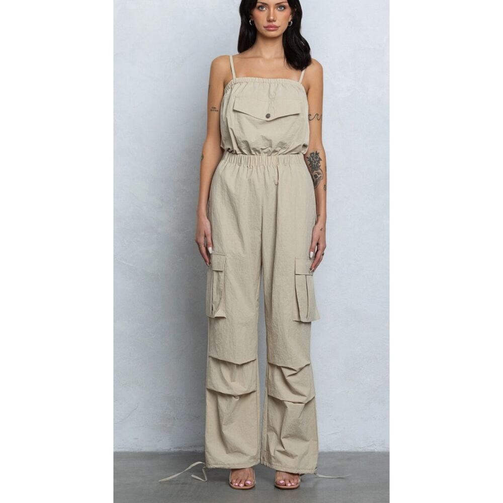 No Vacancy tube top parachute cargo jumpsuit tan beige jogger new small $78